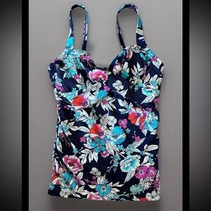 Lands End Women's Size 8L Tankini Top Floral Cross Front Side Rouching